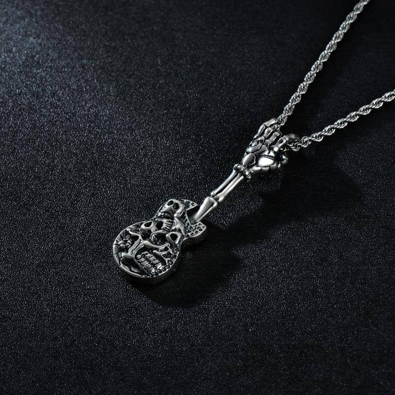 Skull Guitar Pendant for Men Punk Rock Gothic Skeleton Necklace for Men