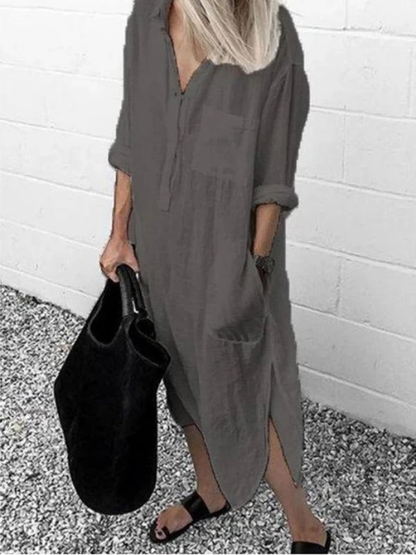 Elegant Solid Color Slit Dress Long Shirt Dress