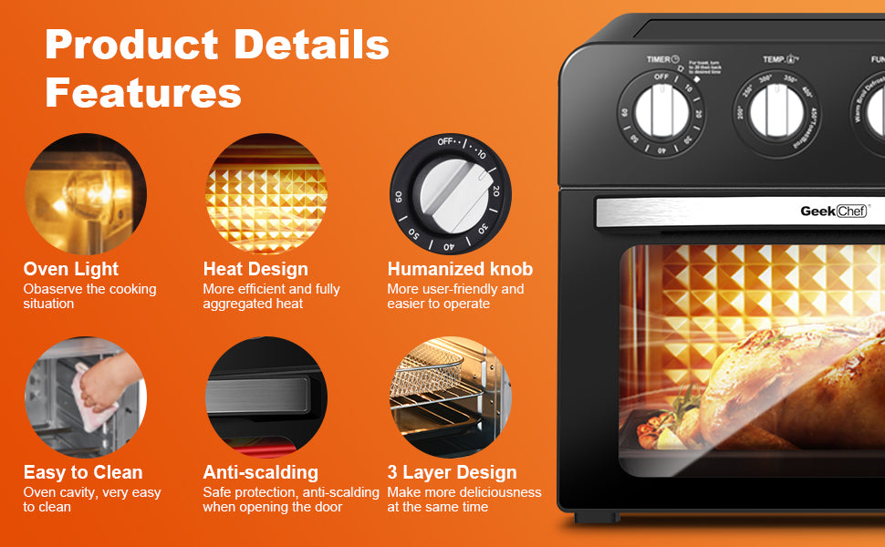 Geek Chef Air Fryer, 7-in-1 Air Fryer Oven, 6 Slice 24.5QT Air Fryer Toaster Oven Combo, Roast, Bake, Broil, Reheat, Fry Oil-Free, Extra Large Convection Countertop Oven,Stainless Steel, Ban 