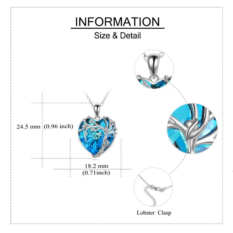 Tree of Life Necklace Sterling Silver Blue Crystal Heart Pendant Jewelry for Women Gifts