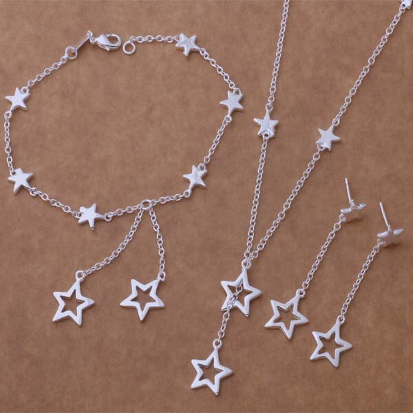 Star Bracelet Necklace Earrings Silver Plated Set