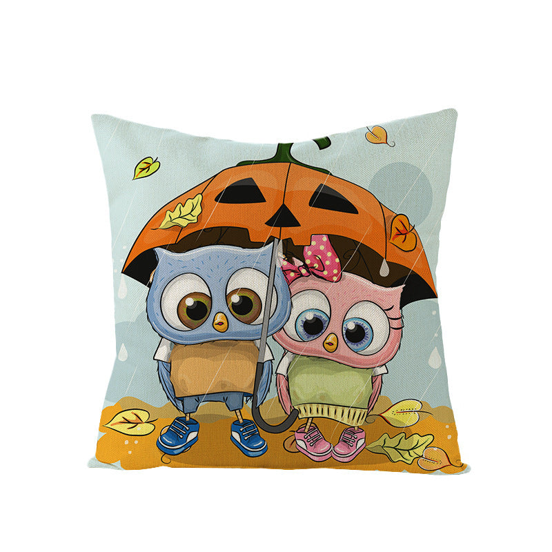 Halloween Linen Cute Cartoon Printed Kitten Pumpkin Head Pillow Cover