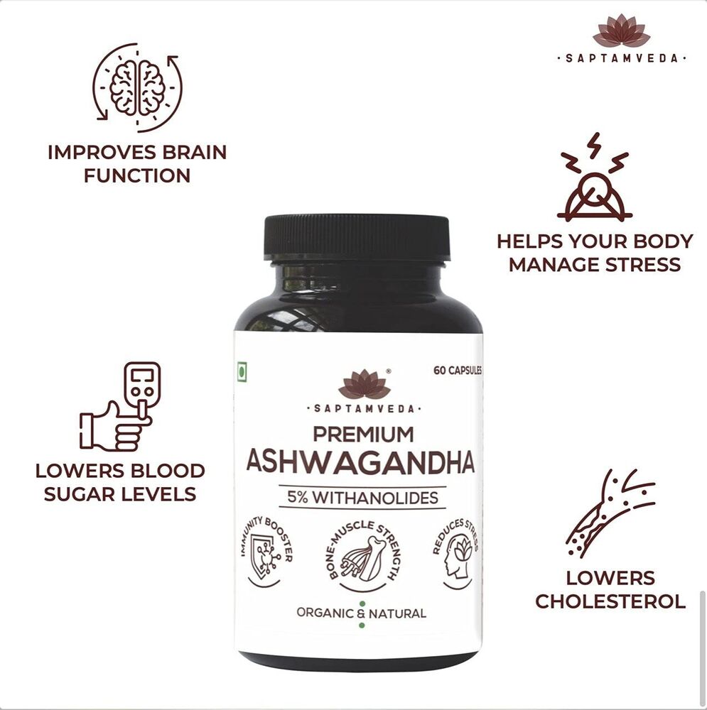 SAPTAMVEDA Ashwagandha Capsules 60 Capsules Increases Muscle And Strength Lowers Blood Sugar And Fat Relieves Stress And Anxiety Sharpens Focus And Memory Boosts Fertility And Testosterone Le