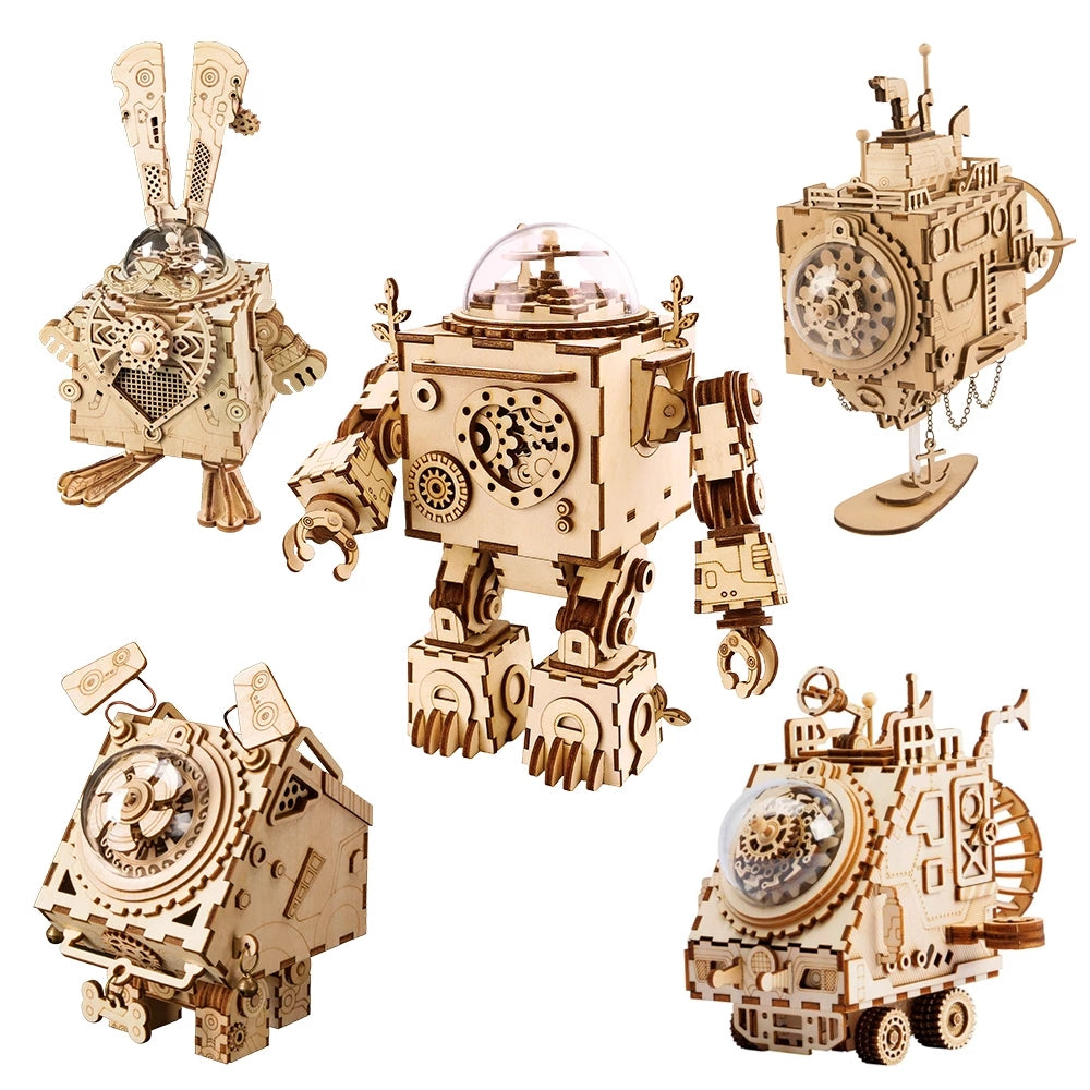 Robotime ROKR Robot Steampunk Music Box 3D Wooden Puzzle Assembled Model Building Kit Toys For Children Birthday Gift