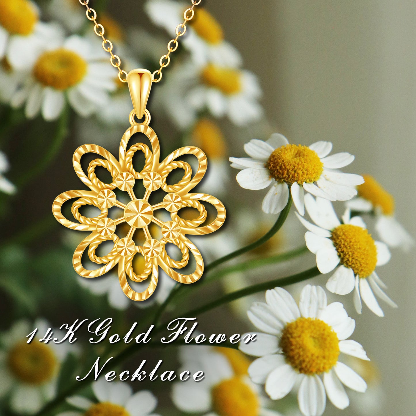 14K Real Gold Flower Pendant Necklace