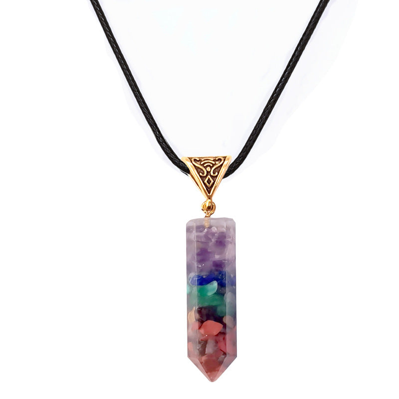 Seven Chakra Natural Crushed Stone Hexagon Column Necklace Aura Pendant