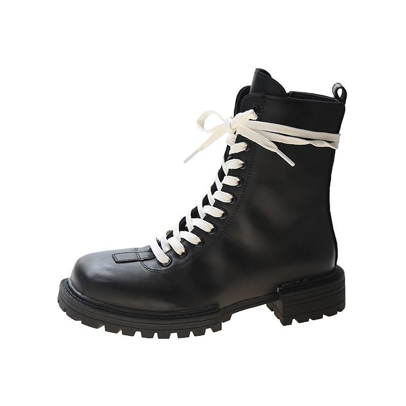 Autumn new style lace up motorcycle boots with side zipper and square head