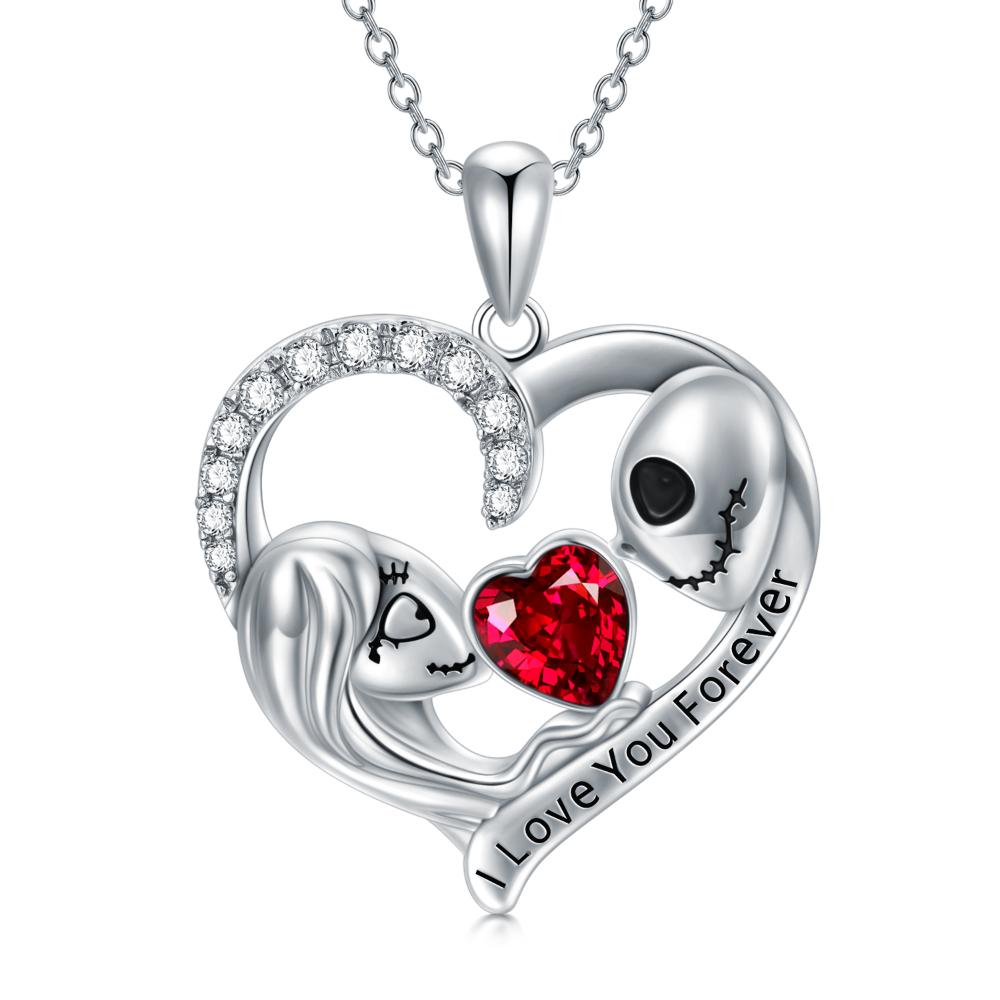 Nightmare Before Christmas Necklace Sterling Silver I Love You Forever Jack Skellington and Sally Love Heart Pendant Necklace