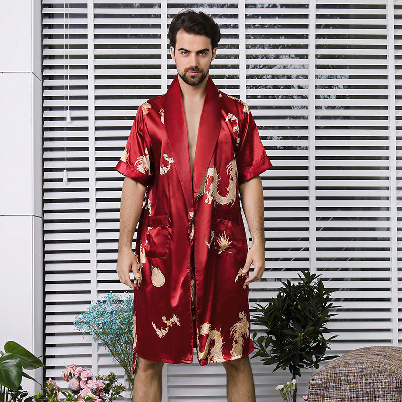 Two-piece Suit Of Dragon Pattern Bathrobe Silk Nightgown And Short Pajama Pants