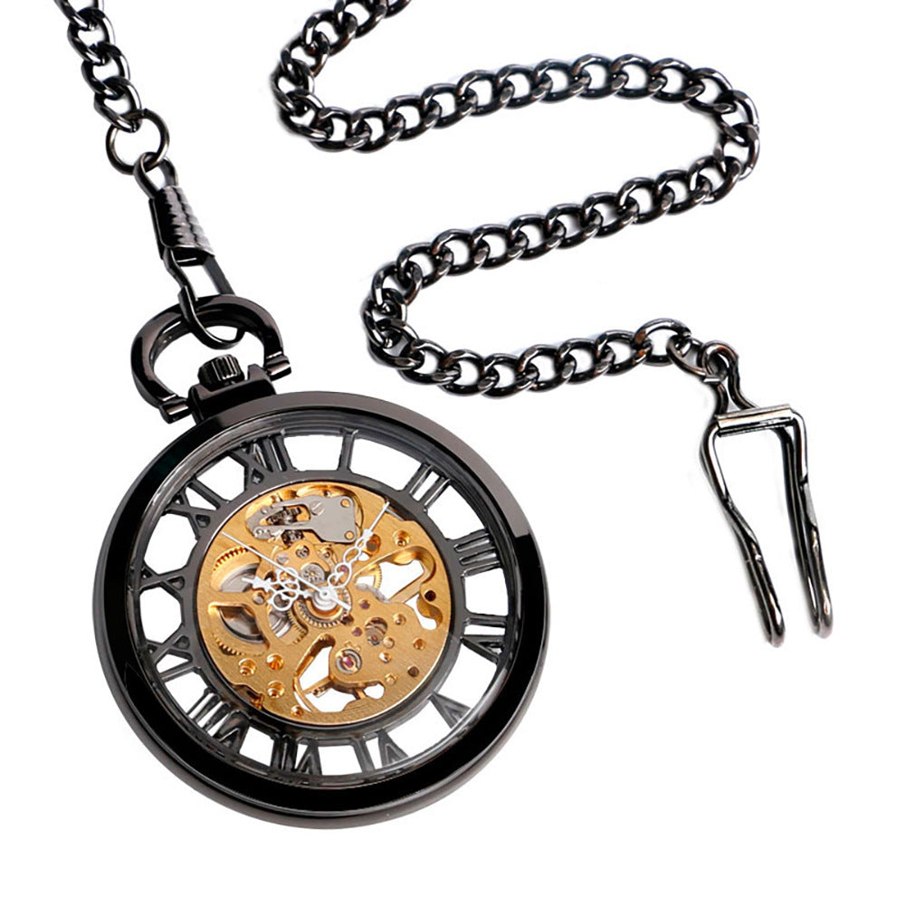 Double-sided Transparent Cutout Design Straight Plate Without Cover Roman Literal Mechanical Pocket Watch