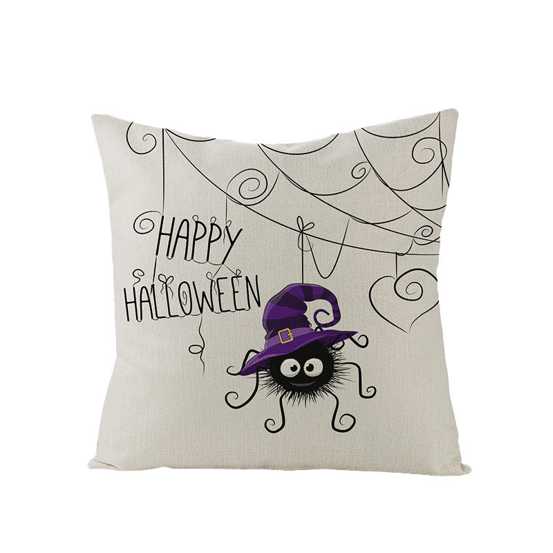 Halloween Linen Cute Cartoon Printed Kitten Pumpkin Head Pillow Cover