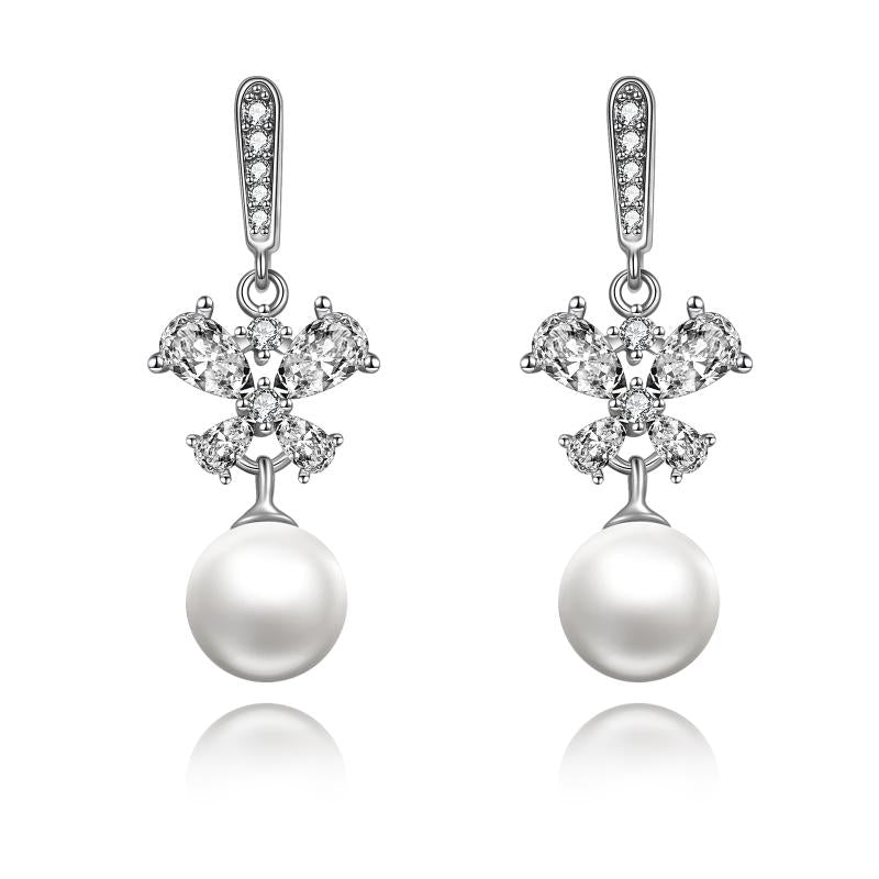 Butterfly Earrings Sterling Silver Cubic Zirconia Dangle Drop Earrings with Pearl Jewelry Gifts for Women