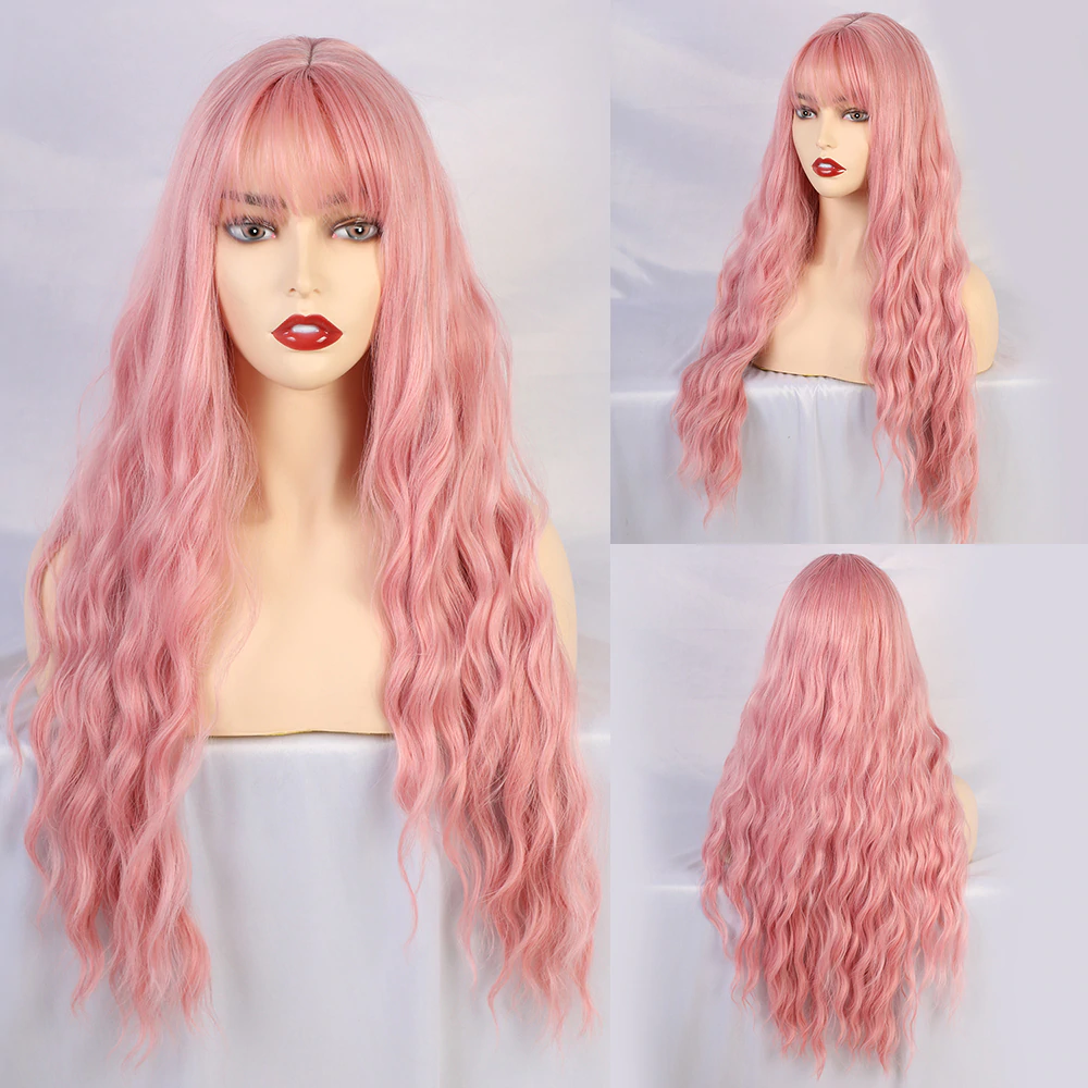 Mid-length long curly pink wig cover