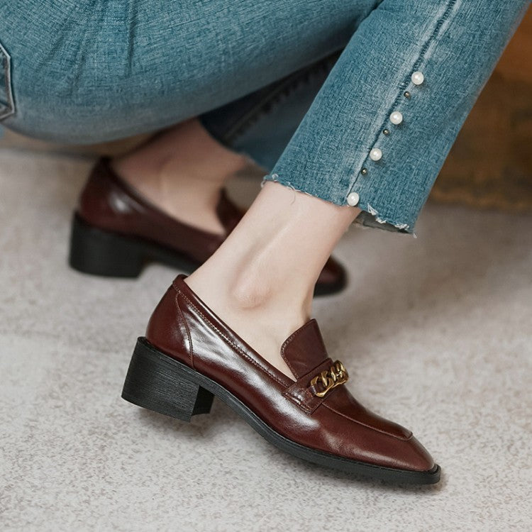 Square Toe Chunky Heel Chain Commuter Brown Shoes