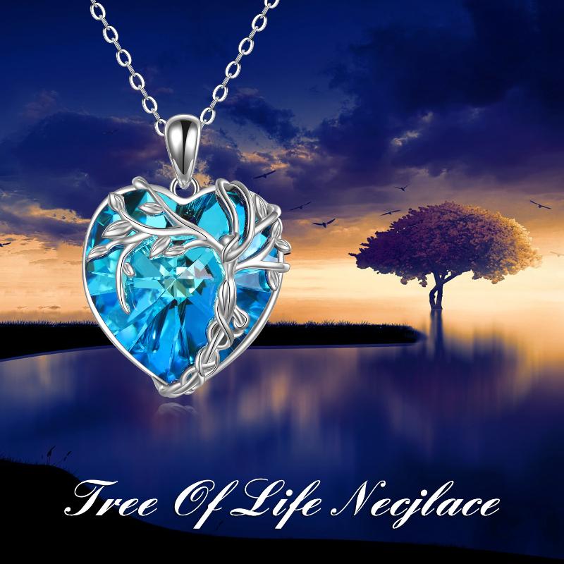 Tree of Life Necklace Sterling Silver Blue Crystal Heart Pendant Jewelry for Women Gifts