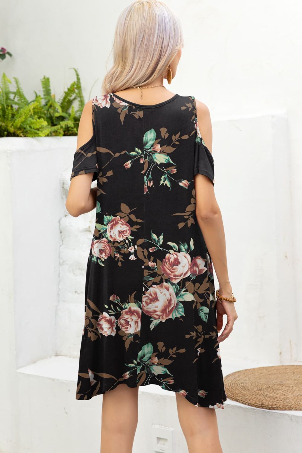 Floral Round Neck Cold-Shoulder Dress