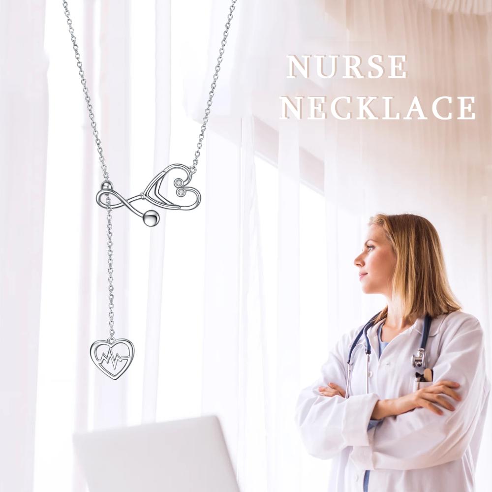 Sterling Silver Stethoscope Jewelry Heartbeat EKG Lariat Y Necklace for Women Doctor Nurse Gift