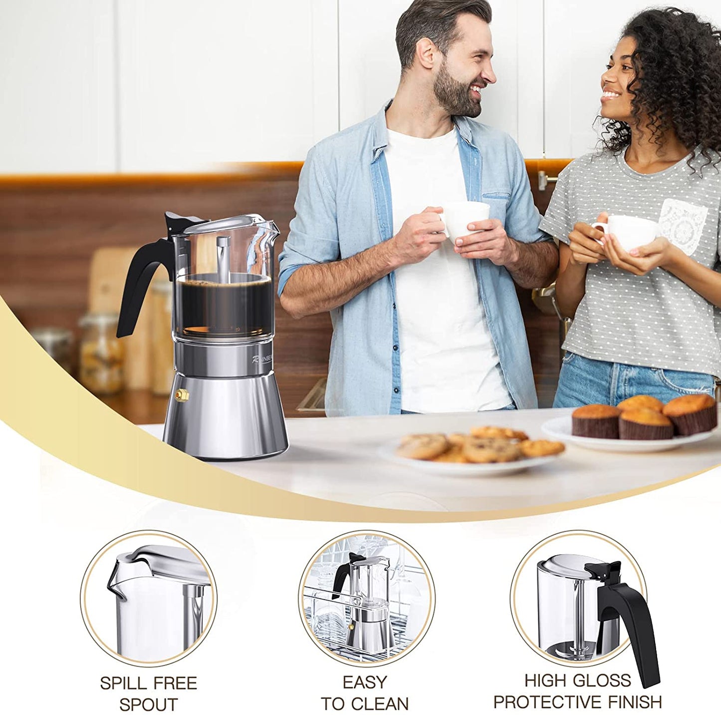 RAINBEAN Italian Expresso Maker, Moka Pot, Stovetop Coffee Makers, Stainless Steel Coffee Maker, Suitable For Induction Hob