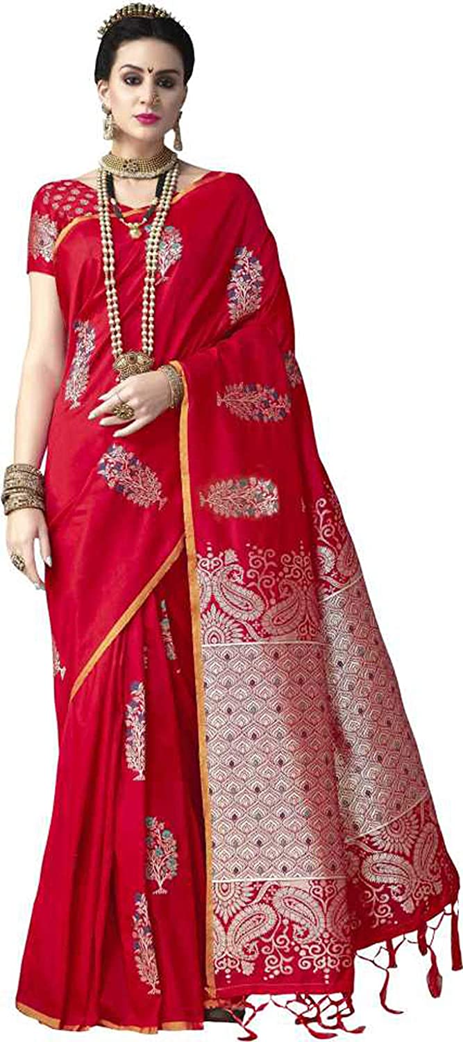 SILK SAREES Women's Banarasi Silk Saree With Unstitched Blouse Piece