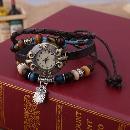 Women's Quartz Watch Elegant Beaded Fashion Leather Bracelet