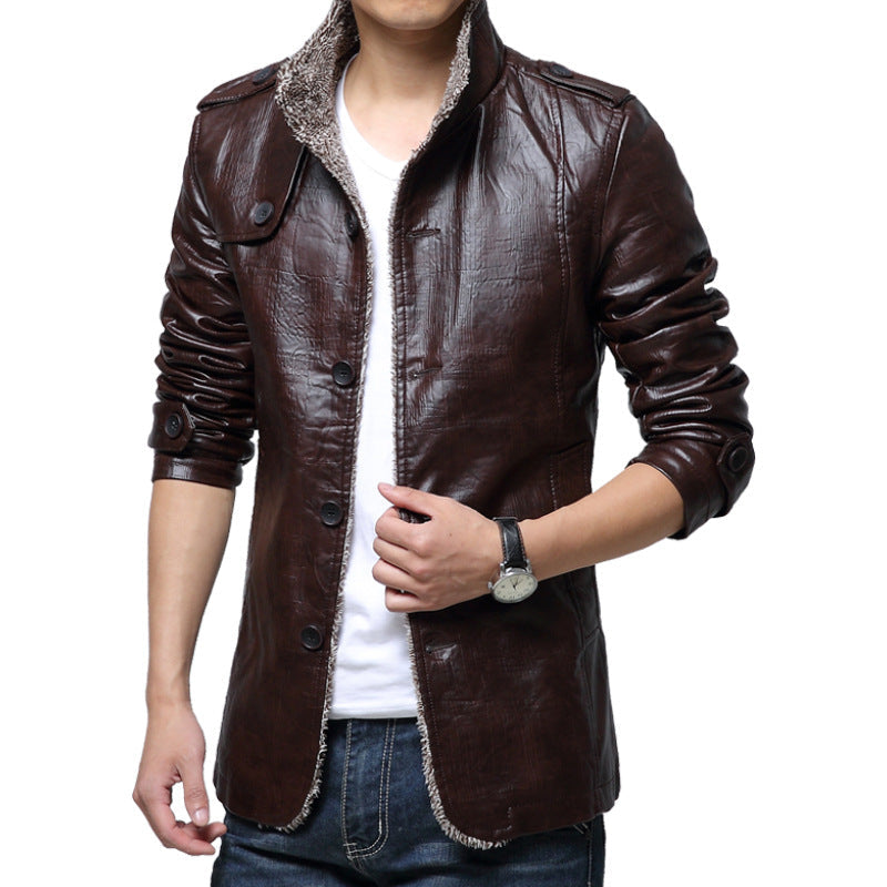 Korean Style Men's Slim Leather Jacket with Plush Thick Fur