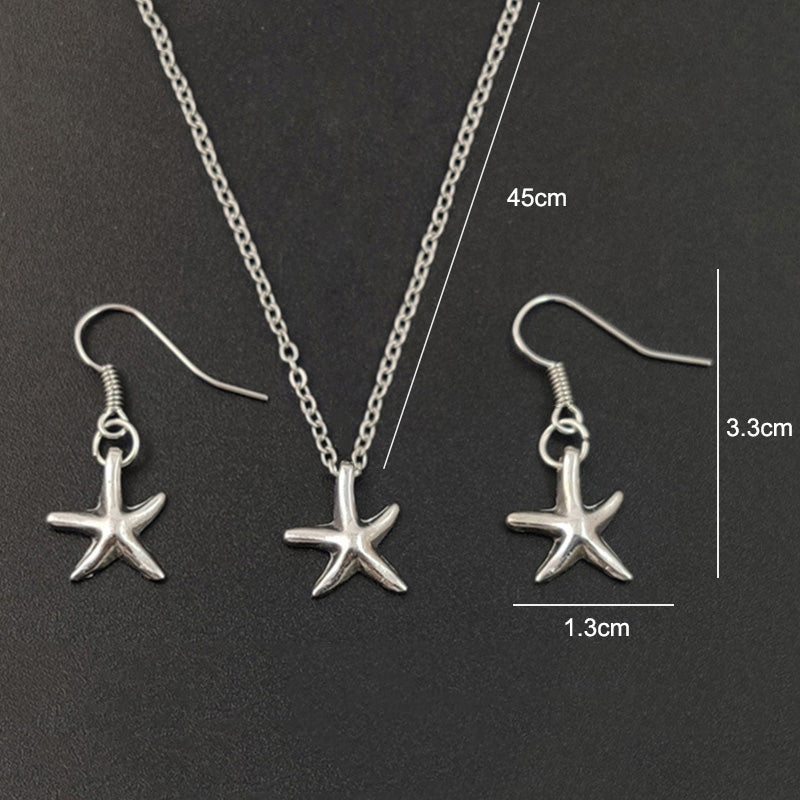 Cute Little Starfish Pendant Necklace Earrings For Women Girls Fashion Silver Sea Star Pentagram Charms Jewelry Set