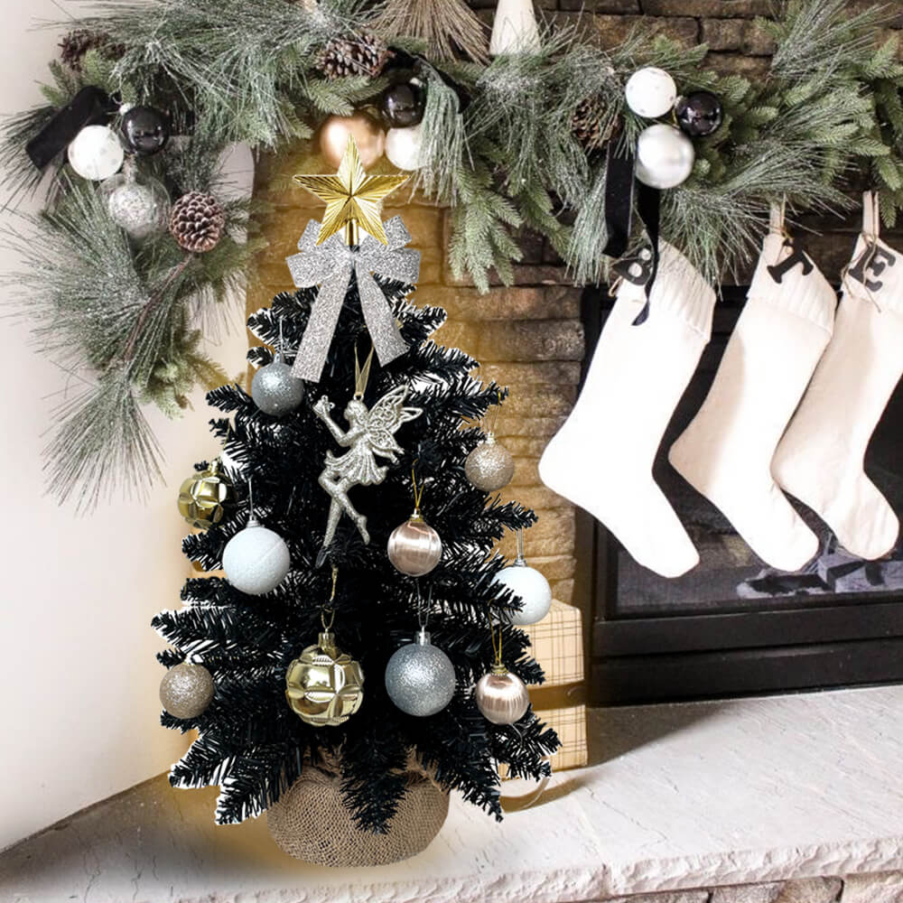 2ft Black Mini Christmas Tree With Light Artificial Small Tabletop Christmas Decoration, Exquisite Decor & Xmas Ornaments For Table Top For Home & Office