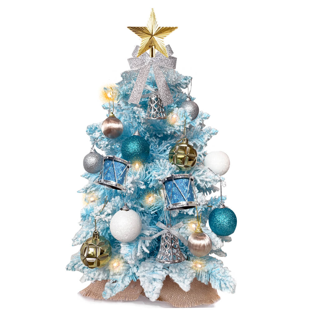 2ft Mini Christmas Tree With Light Artificial Small Table Blue Christmas Decoration With Flocked Snow, Exquisite Decor & Xmas Ornaments For Table Top For Home & Office