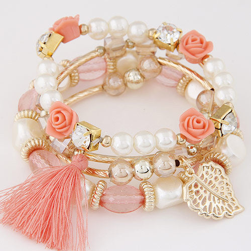 Fashion Trend Crystal Beads Pearl Leaf Fringe Bracelet