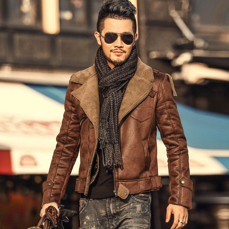 Winter thickened faux fur one jacket suede  lamb hair male slim motorcycle leather jacket F1056