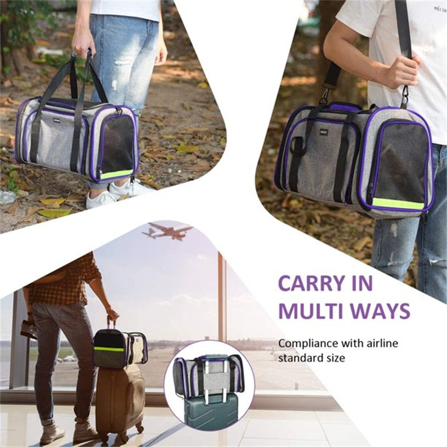 Pet Travel Bag Safe Airline Approved Expandable Foldable Soft-Sided Dog Carrier 3 Open Doors 2 Reflective Tapes