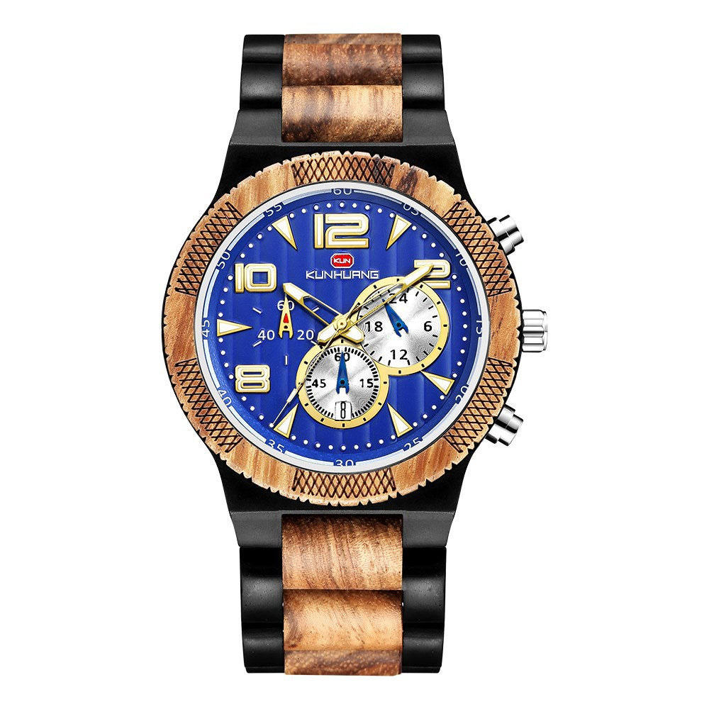 Kunhuang New Men's Watch Big Dial Movement Multi Function Sandalwood Quartz Watch With Luminous