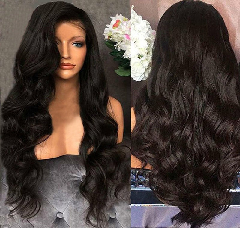 Black Synthetic Wigs Natural Looking Long Wavy Middle Side Parting No-Lace Women