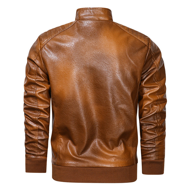 Stand-up Collar Leather Jacket With Pockets