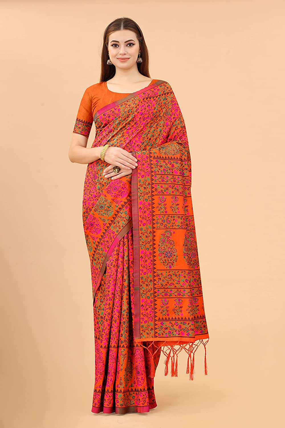 Women's Kalamkari Jacquard Cotton Saree With Blouse Piece