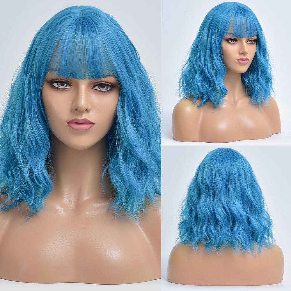 New European And American Style Wig Women's Light Blue Short Curly Hair Chemical Fiber Wig