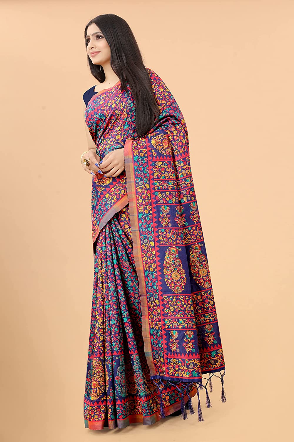 Women's Kalamkari Jacquard Cotton Saree With Blouse Piece