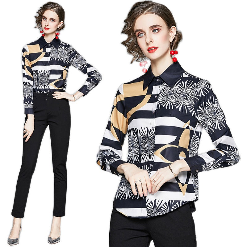 Women's Printed Slim Long-sleeved Versatile Lapel Shirt