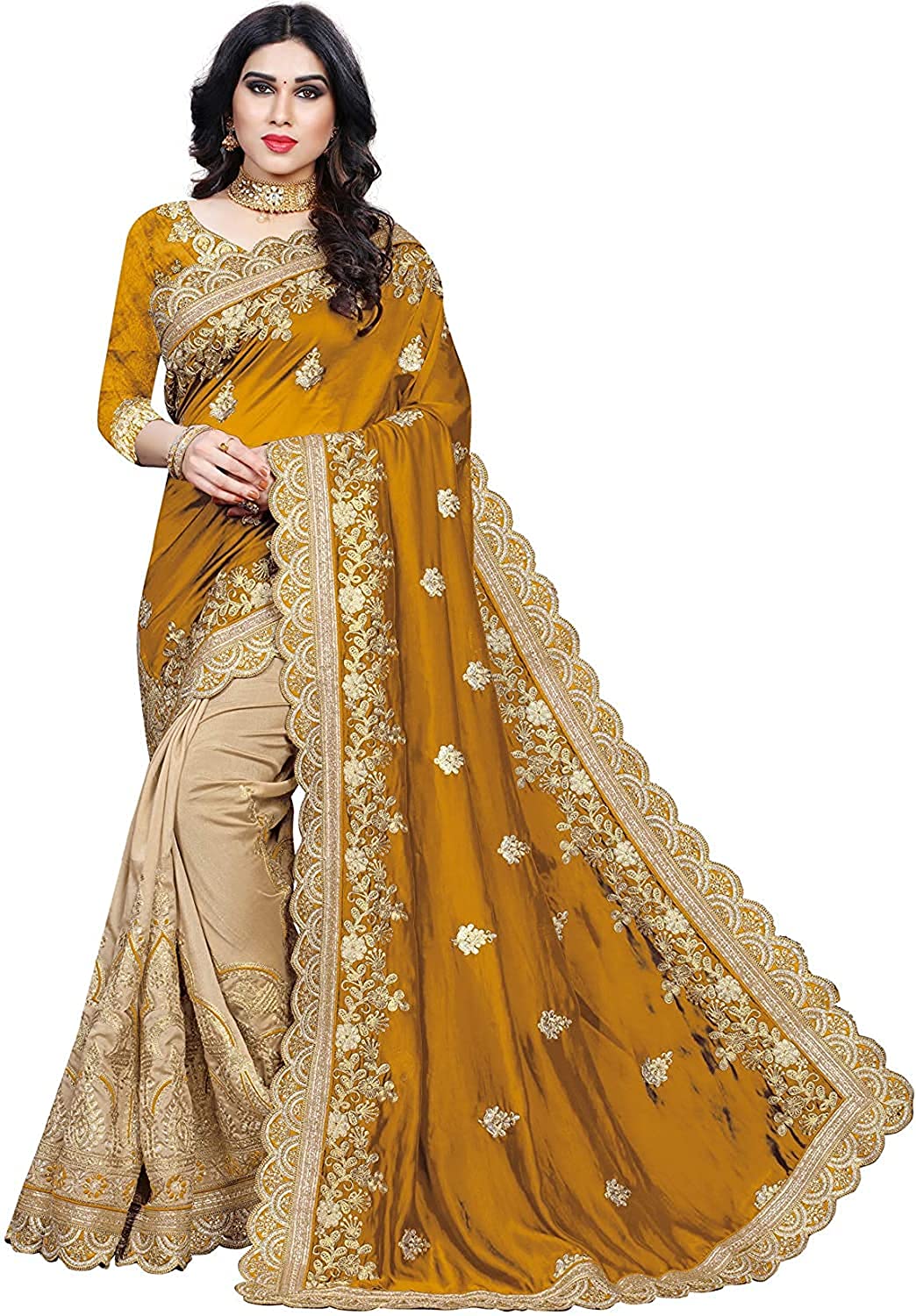 Women's Plain Weave Silk Embroidery Work Saree With Blouse Piece Indian Sari Traditional Saree Wedding Dress Handmade Famous Actress Style Party Wear Free Size Ethenic Wear Clothes For Women