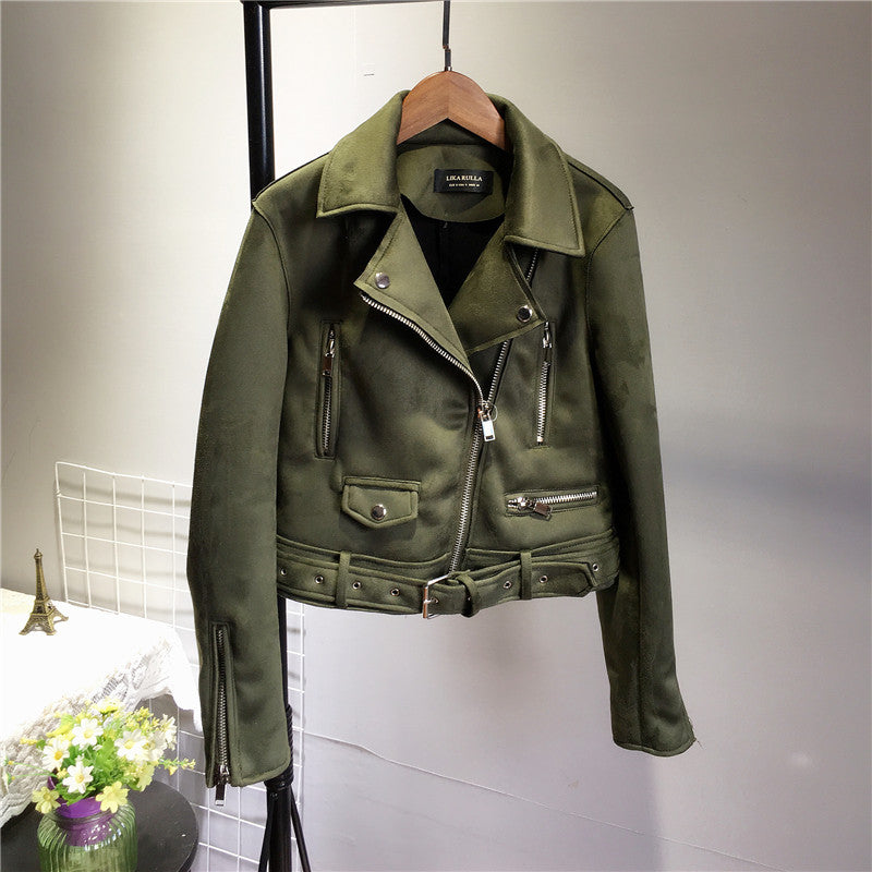 Suede leather women motorcycle leather plush fleece jacket