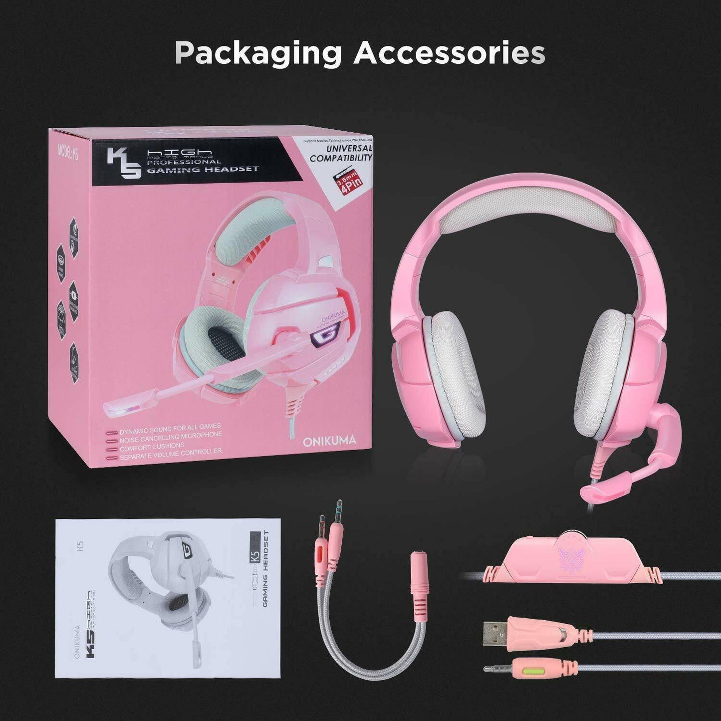 K5 Pink Gaming Headset For PS4 Xbox One PC Laptop With Noise Cancelling Mic