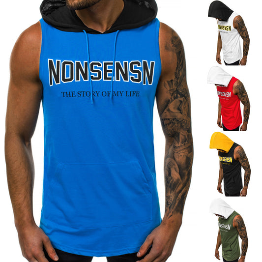 Summer Men Fitness Hoodies Tank Tops Sleeveless Bodybuilding Tee Shirt Fashion Stringer Male Workout Hooded Vest Sportswear