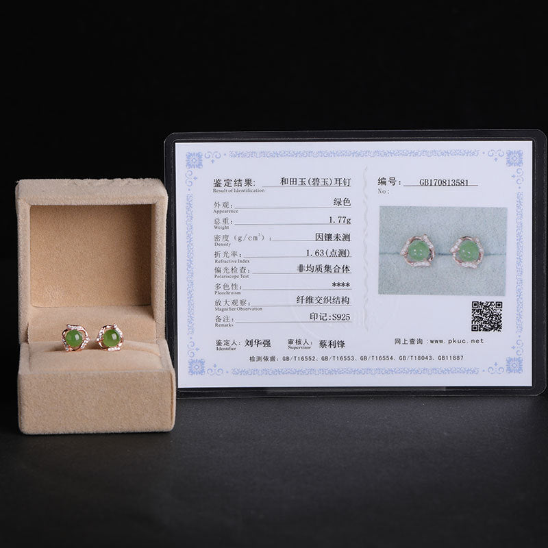 Ethnic style green jade earrings sterling silver and Tianyu earrings with certificate 925 silver rose gold jasper earrings