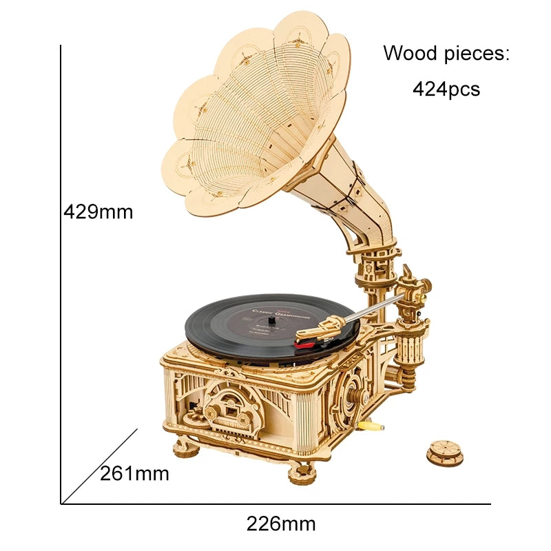 Robotime ROKR DIY Hand Crank Classic Gramophone Wooden Puzzle Model Building Kits Assembly Toy Gift for Children LKB01