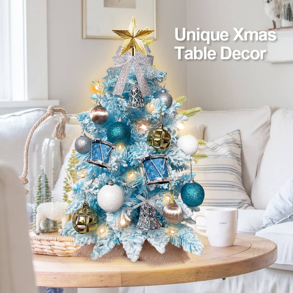 2ft Mini Christmas Tree With Light Artificial Small Table Blue Christmas Decoration With Flocked Snow, Exquisite Decor & Xmas Ornaments For Table Top For Home & Office