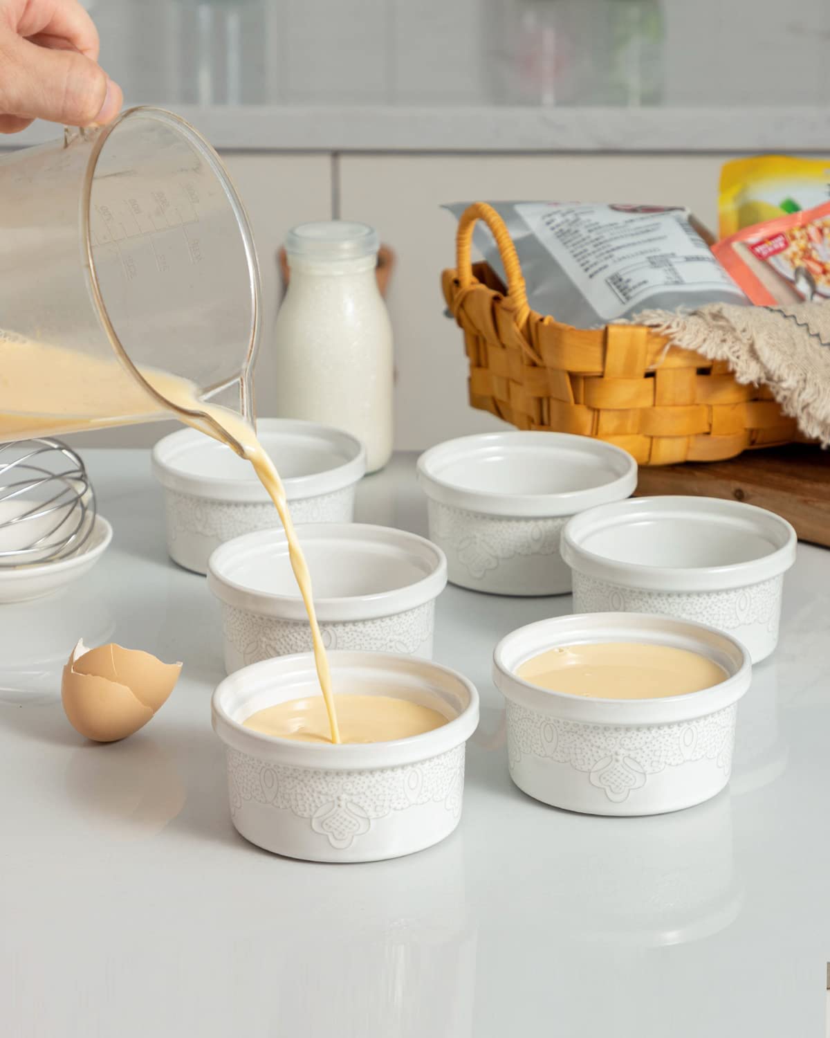 FE Ramekins, Lace Emboss Ramekin 8 Oz Oven Safe, Creme Brulee Set Of 6, Ceramic Souffle Dish For Baking Dessert And Cake