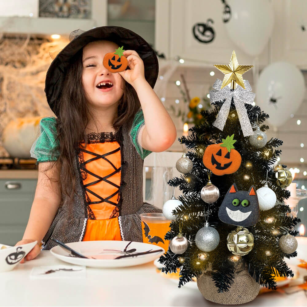 2FT Halloween Decoration Tabletop Christmas Tree With Lights And Ornaments, Multifunctional Artificial Black Mini Halloween Tree With Halloween Decor For Home Office Apartment