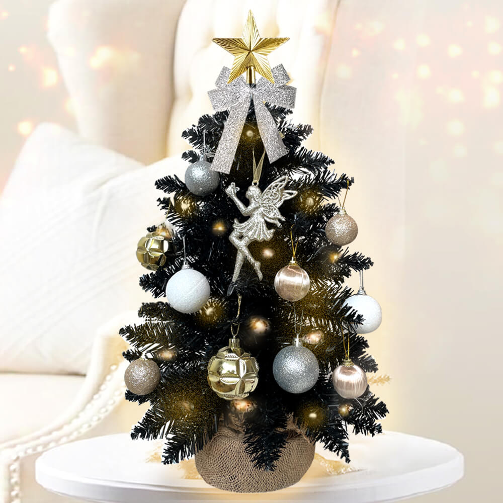 2ft Black Mini Christmas Tree With Light Artificial Small Tabletop Christmas Decoration, Exquisite Decor & Xmas Ornaments For Table Top For Home & Office