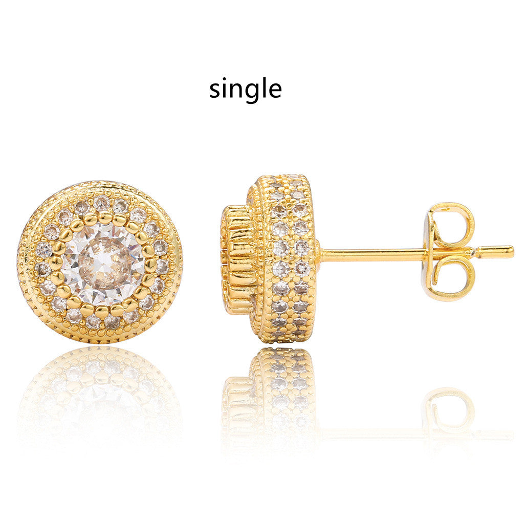 Hip Hop Round Full Zircon Earrings Rose Gold For Men And Women