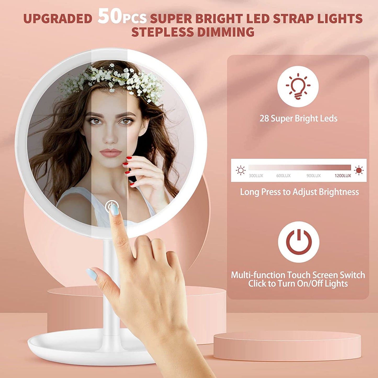 Rechargeable Lighted Makeup Mirror, 1X 10X Magnifying 50 LED Lights Vanity Mirror With Detachable Storage Tray